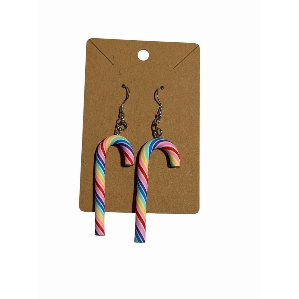 Rainbow Candy Cane Dangle Earrings Multi Color Striped Holiday Pride Jewelry